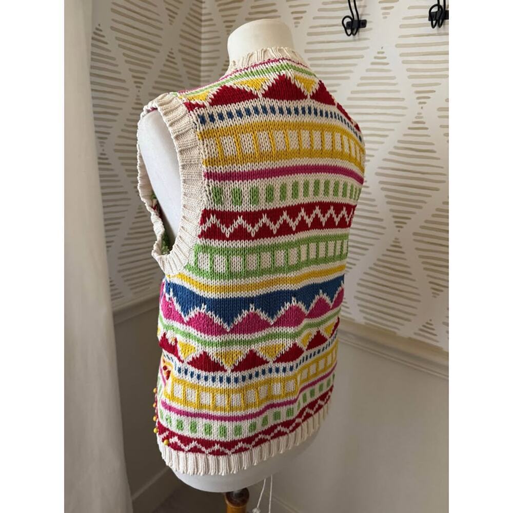 All Week Long Women’s Small Vintage Multicolor Cotton & Wood Bead Knit Vest - Picture 4 of 9
